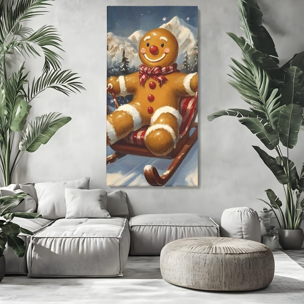 Tablou canvas cu tablou canvas omulet de turtita pe sanie, fara rama, pe sasiu de lemn, pe perete intr-un living